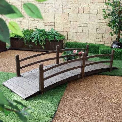 Image of Dark Brown Stain 8-Ft Fir Wood Garden Bridge with Hand Rails