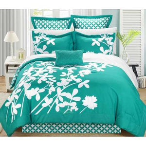 King size Turquoise 7-Piece Floral Bed in a Bag Comforter Set