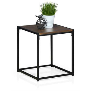 Modern Black Metal End Table Nightstand with Dark Walnut Wood Finish Top