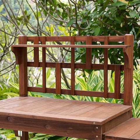 Image of Solid Wood Potting Bench with Flip-up Sides and Garden Tool Shelf in Cinnamon