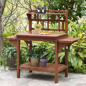 Solid Wood Potting Bench with Flip-up Sides and Garden Tool Shelf in Cinnamon