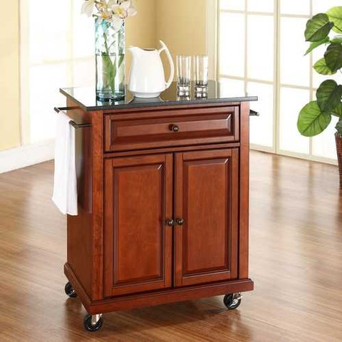 Image of Cherry Portable Kitchen Island Cart w/ Granite Top & Locking Wheels