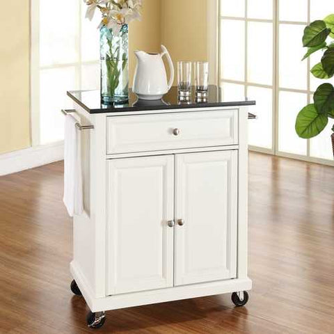 Image of White Kitchen Cart with Granite Top and Locking Casters Wheels