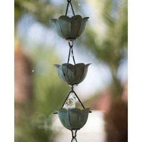 Image of Pure Copper 8.5 Ft Lotus Flower Rain Chain with Green Patina