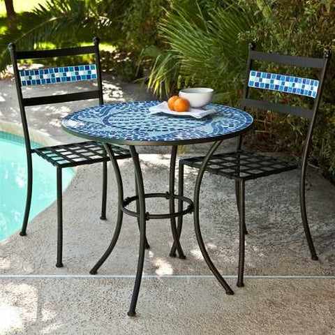 Image of Outdoor 3-Piece Aqua Blue Mosaic Tiles Patio Furniture Bistro Set