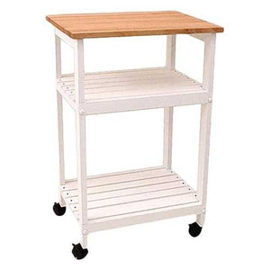 White Kitchen Microwave Cart with Butcher Block Top & Locking Casters