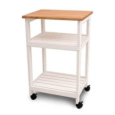 Image of White Kitchen Microwave Cart with Butcher Block Top & Locking Casters