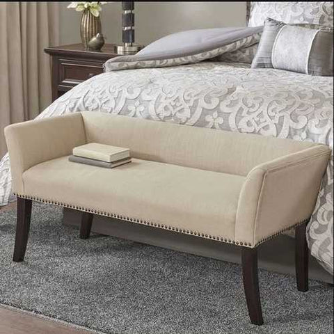 Image of Cream Upholstered Accent Bench with Black Nailhead Detail