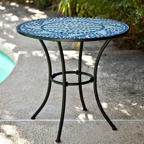 Image of 30-inch Round Metal Outdoor Bistro Patio Table with Hand-Laid Blue Tiles