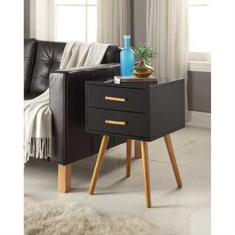 Image of Modern Mid-Century Style End Table Nightstand in Black & Oak Wood Finish