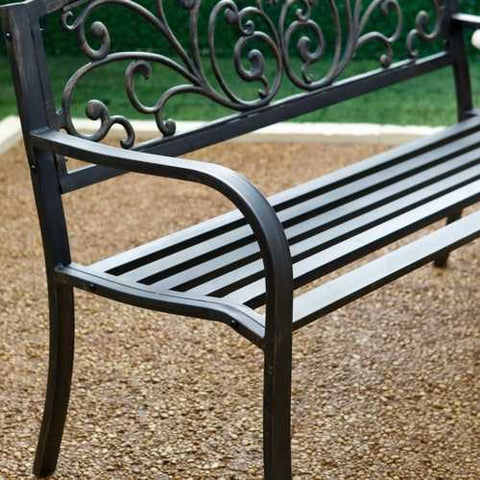 Image of Outdoor Garden Bench with Slatted Seat and Rustic Metal Finish