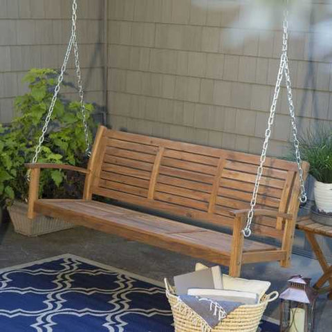 Image of Outdoor 5-Ft Slatted Porch Swing in Natural Acacia Wood with Hanging Chain