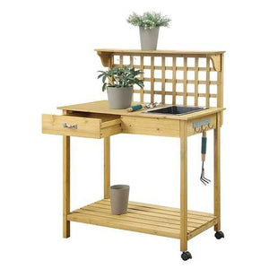 Natural Wood Finish Potting Bench with Trellis Shelving and Sink