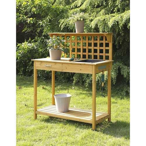 Image of Natural Wood Finish Potting Bench with Trellis Shelving and Sink