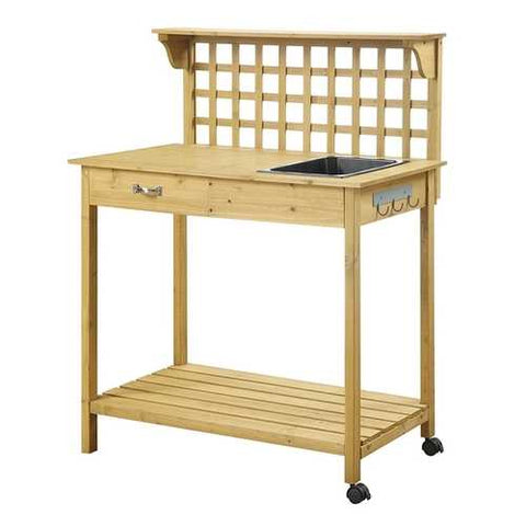 Image of Natural Wood Finish Potting Bench with Trellis Shelving and Sink