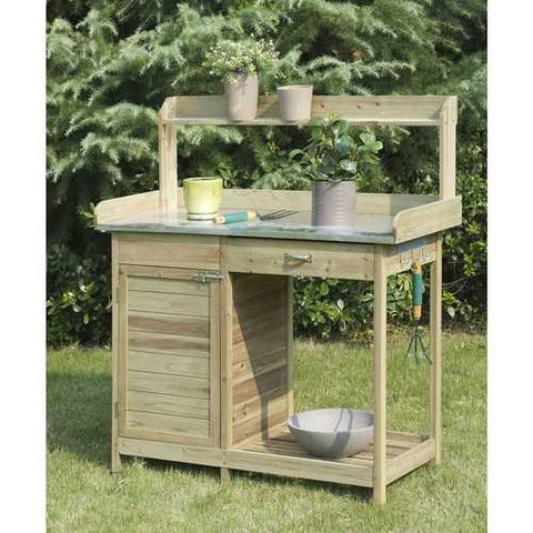 Image of Natural Fir Wood Potting Bench with Stainless Steel Table Top