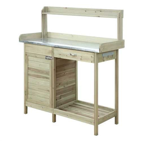 Image of Natural Fir Wood Potting Bench with Stainless Steel Table Top