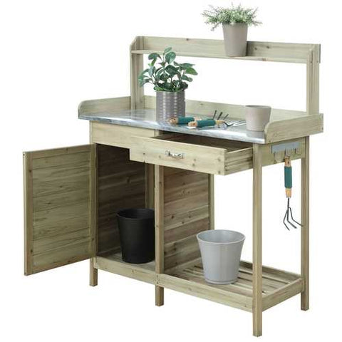 Image of Natural Fir Wood Potting Bench with Stainless Steel Table Top