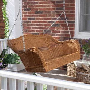 Honey Resin Wicker Porch Swing with Comfort Spring and Hanging Hooks