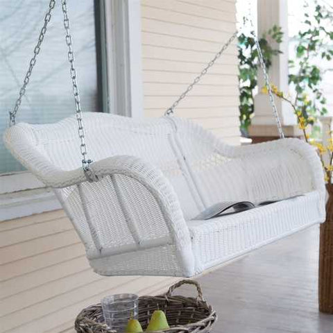 Image of White Resin Wicker Porch Swing with Hanging Chain - 600-lb Weight Capacity