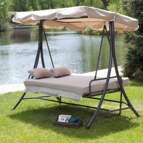 Image of 3-Person Canopy Swing Outdoor Porch Patio Furniture in Taupe