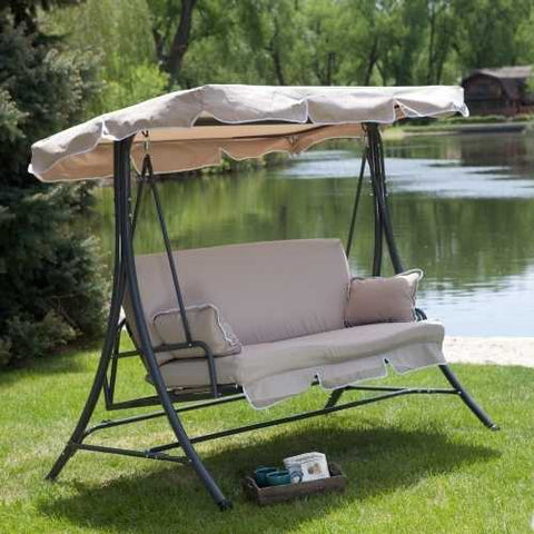 Image of 3-Person Canopy Swing Outdoor Porch Patio Furniture in Taupe