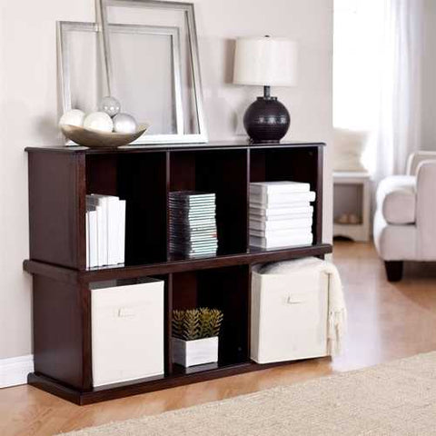 Image of Modern Brown Espresso Stacking Storage Unit 1-Shelf Bookcase with 3 Canvas Bins