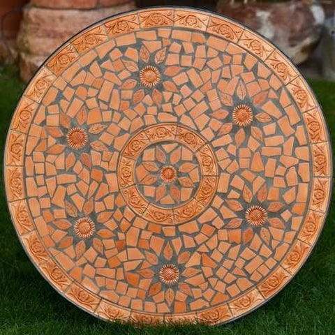 Image of Round Outdoor Patio Bistro Table with Terracotta Mosaic Tiles and Black Metal Frame