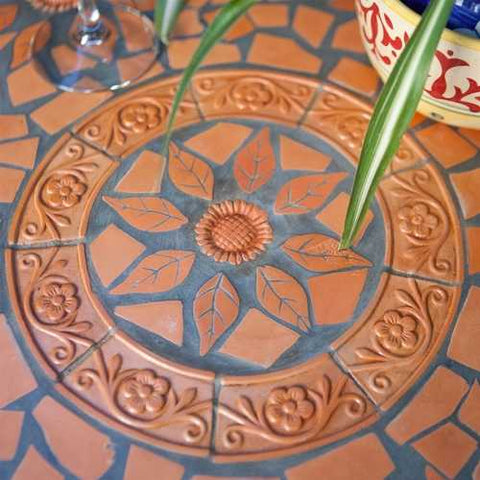 Image of Round Outdoor Patio Bistro Table with Terracotta Mosaic Tiles and Black Metal Frame