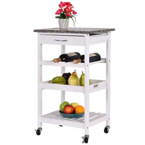 Image of Rolling White Wood Granite Top Kitchen Island Cart