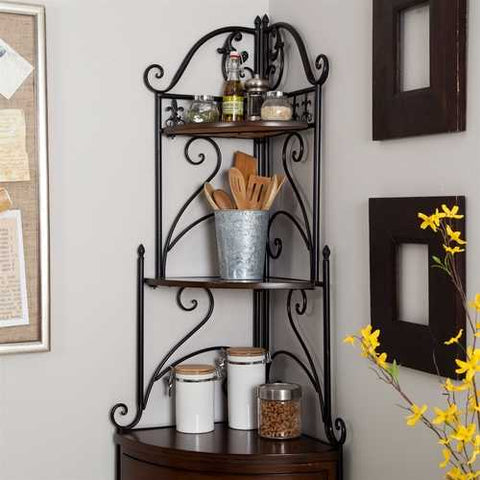 Image of Corner Bakers Rack with Wrought Iron Frame and Wood Storage Shelves