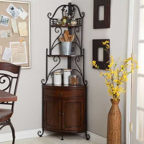 Image of Corner Bakers Rack with Wrought Iron Frame and Wood Storage Shelves