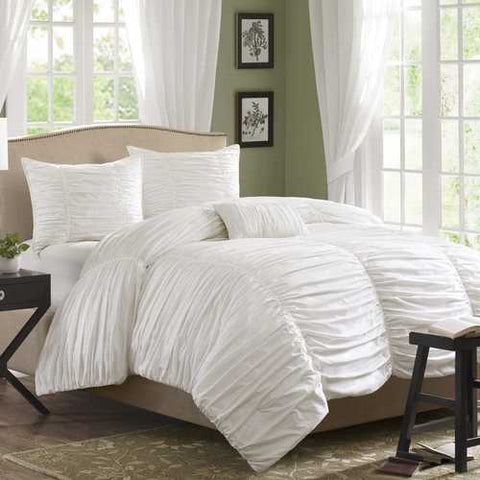 Image of King size 4 Piece Comforter Set in Rouched White Cotton & Microsuede