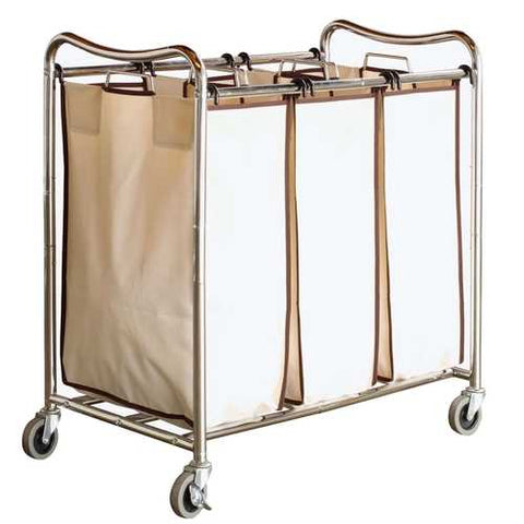 Image of Heavy Duty Laundry Cart with 3 Cream Tan Hamper Bags and Lockable Wheels