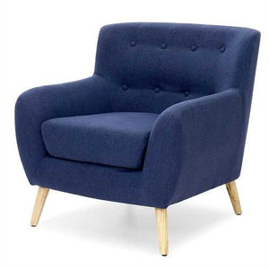 Dark Blue Linen Upholstered Tufted Armchair with Modern Mid-Century Style Wood Legs