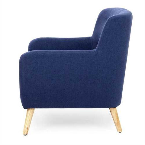 Image of Dark Blue Linen Upholstered Tufted Armchair with Modern Mid-Century Style Wood Legs