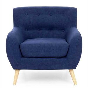 Dark Blue Linen Upholstered Tufted Armchair with Modern Mid-Century Style Wood Legs