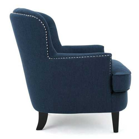 Image of Dark Blue Mid-Century Tufted Upholstered Linen Armchair