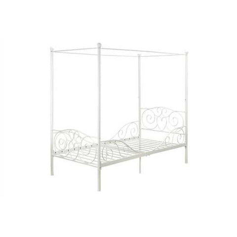 Image of Twin size White Metal Canopy Bed with Heart Scroll Design