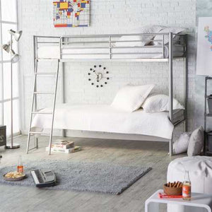 Twin over Twin Durable Metal Bunk Bed with Ladder in Silver Finish