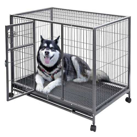 Image of Large 44'' x 29'' Non-Toxic Steel Metal Wire Dog Crate Cage on Wheels