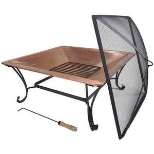 Square 33-inch Solid Copper Fire Pit Bowl with Iron Stand and Screen