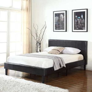 Queen Dark Brown Espresso Faux Leather Upholstered Platform Bed with Padded Headboard