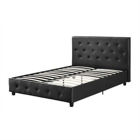 Image of Queen size Black Faux Leather Upholstered Platform Bed with Button Tufted Headboard