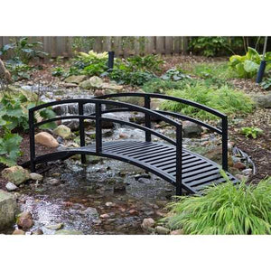 Modern 8-Ft Metal Garden Bridge with Arched Rails in Black Powder Coated Steel