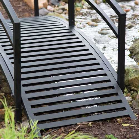 Image of Modern 8-Ft Metal Garden Bridge with Arched Rails in Black Powder Coated Steel