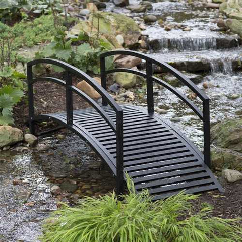 Image of Modern 8-Ft Metal Garden Bridge with Arched Rails in Black Powder Coated Steel