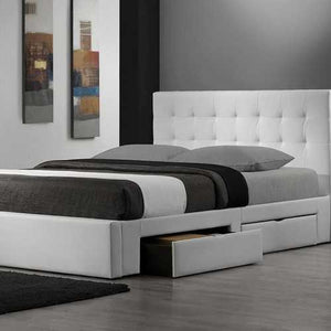 Queen size Storage Platform Bed with White Faux Leather Headboard