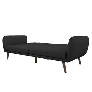 Dark Grey Linen Futon Sofa Bed with Modern Mid-Century Style Wooden Legs