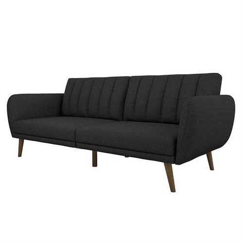 Image of Dark Grey Linen Futon Sofa Bed with Modern Mid-Century Style Wooden Legs